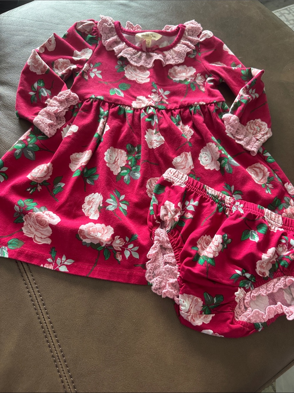 Matilda Jane Raspberry Floral Dress with Pink Lace Collar and Bloomers